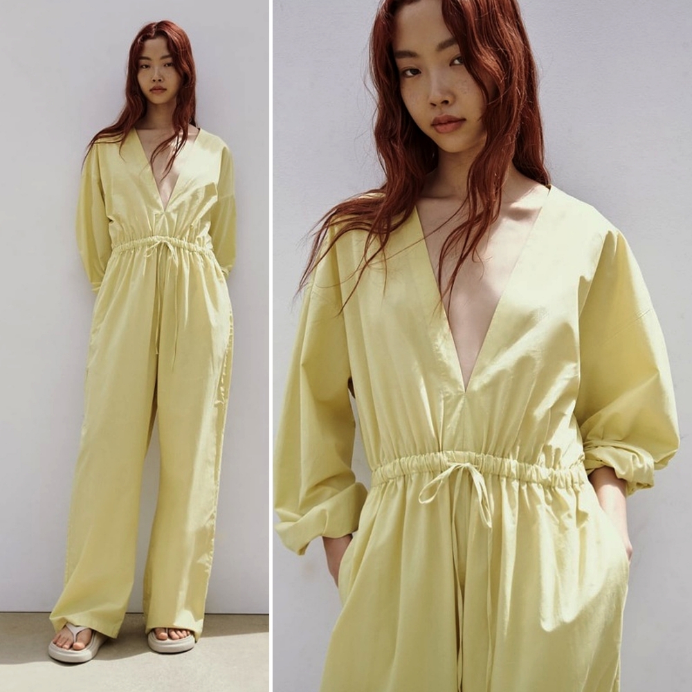 NWT, ZARA, Pistachio Cotton Low V Neck Jumpsuit